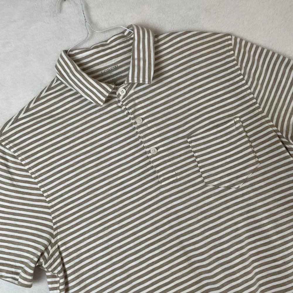 J Crew Mens Slub Cotton Striped Polo Shirt Tan White Short Sleeve Size M